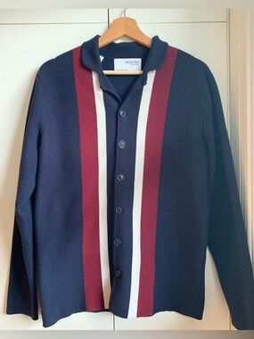 Selected Homme Navy Cardigan with Burgundy and White Stripes